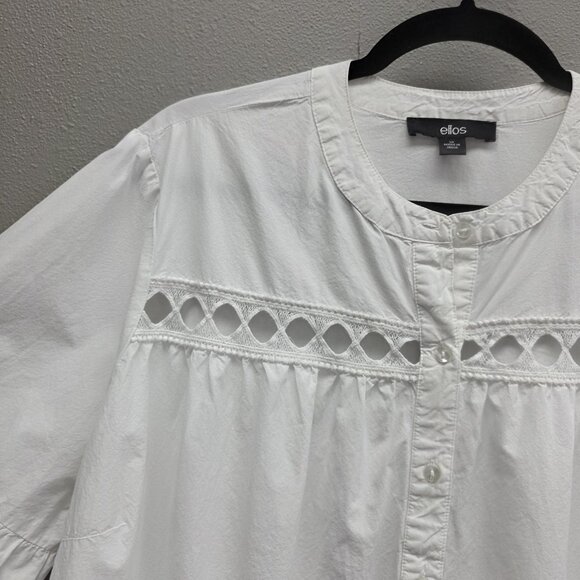 Ellos Shirt Womens 20 Plus White Boho Tunic Eyelet Lace Button Front 3/4 Sleeve - Picture 2 of 10